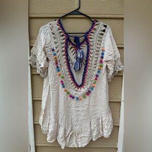 Bell Sleeve Ruffle Hem Beach Coverup One Size Low Back with tassel